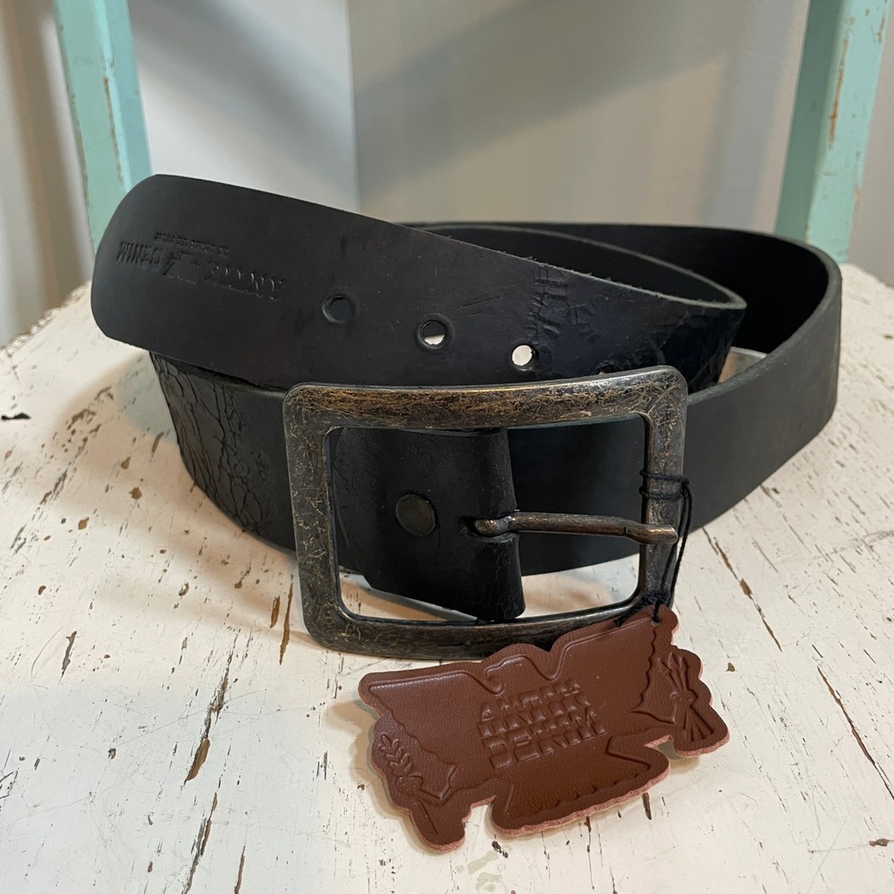 Antik Denim Men Black Distressed Leather Belt Made France 2" Wide Size 46/48 Y2K